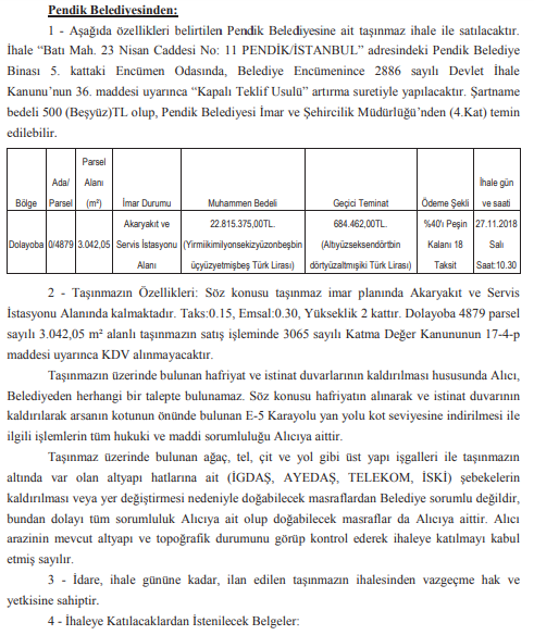 Pendik Belediyesi 684 Milyon Liraya Akaryakıt ve Servis İstasyonu Alanı Satıyor