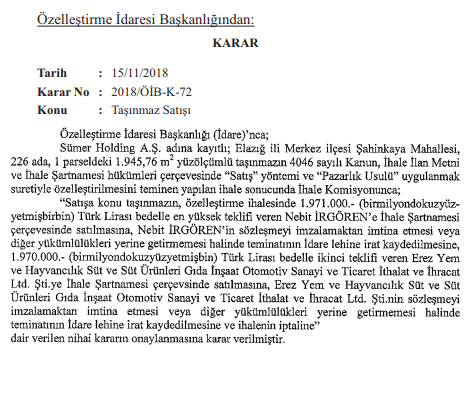 ÖİB Sümer Holding Gayrimenkul Özelleştirme Kararları Açıklandı