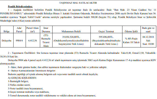 Pendik Belediyesi 19 Milyon 856 Bin Liraya Arsa İhalesi İlanı Yayımladı!