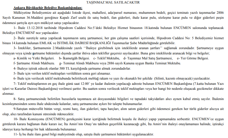 Ankara Büyükşehir Belediyesi Dükkan ve Arsa Satış İhalesi Resmi Gazete İlanı