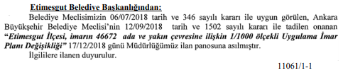 Etimesgut Belediyesi İmar Planı Değişikliği Askıya Çıktı!