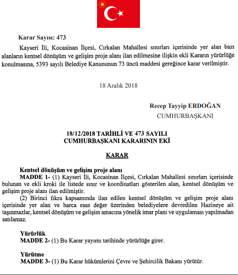 Kayseri Kocasinan Kentsel Dönüşüm Mahalleri Resmi Gazete Kararı (Cırgalan Mah.)