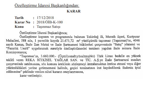 Resmi Gazete ÖİB Özelleştirme Kararları