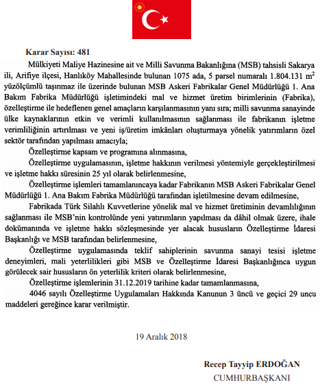 MSB Askeri Fabrikalar Genel Müdürlüğü Özelleştirme Kapsamına Alındı!