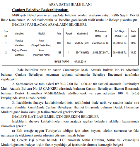 Çankırı Belediyesi Arsa Satış İhalesi