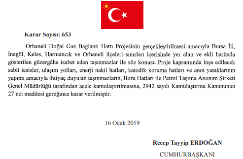 İnegöl, Keles, Harmancık ve Orhaneli Doğalgaz Bağlantı Hattı Acele Kamulaştırma Kararları