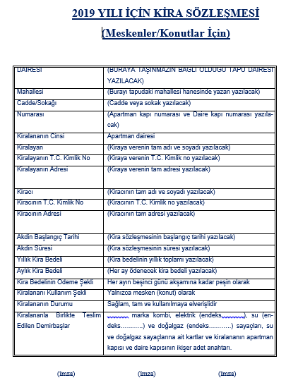 Kira Kontratı Örneği 2019