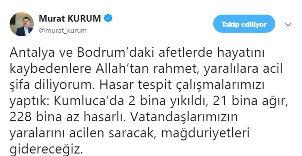 Bakan Kurum Fırtına ve Hortumun Bilançosunu Açıkladı!