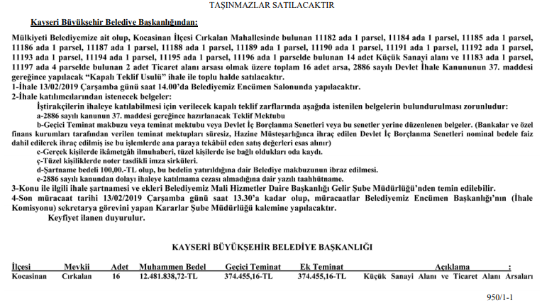 Kayseri Büyükşehir Belediyesi Arsa Satış İhaleleri İlanı