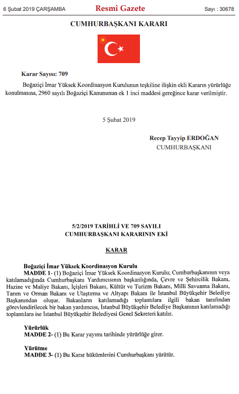 Boğaziçi İmar Yüksek Koordinasyon Kurulu Teşkiline İlişkin Cumhurbaşkanı Kararnamesi Yayımlandı!