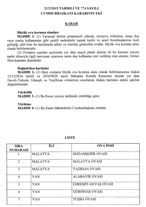 Malatya ve Van'da Büyük Ova Koruma Alanı İlanları Resmi Gazete Duyurusu