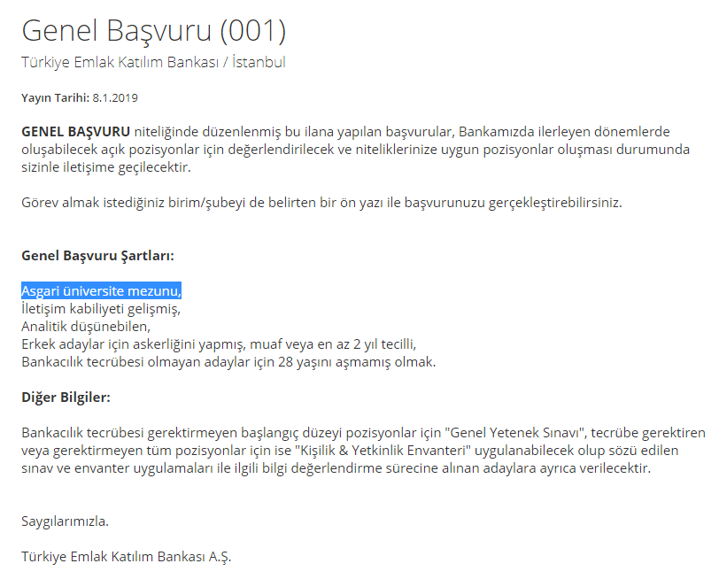 2019 Yılı Emlak Bankası Personel Alım İlanı Yayımlandı! (Emlak Bankası İş İlanı)