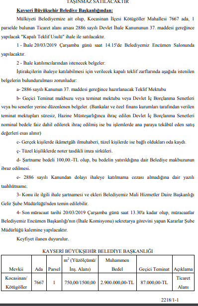 Kayseri Belediyesi 56 Milyon Liralık Arsa İhalesi İlanı Yayımladı!