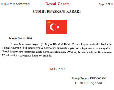 Kuzey Marmara Otoyolu 3. Boğaz Köprüsü Acele Kamulaştırma Kararı