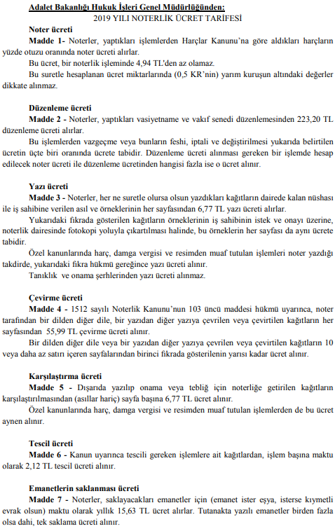 2019 Yılı Noterlik Ücret Tarifesi Resmi Gazele İle Yayımlandı