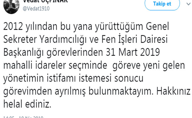 Ankara Büyükşehir Belediyesi Fen İşleri Daire Başkanı İstifa Etti!