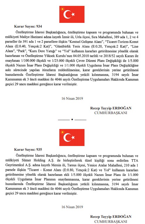 Resmi Gazete'de Yayımlanan Özelleştirme İdaresi Kararları!