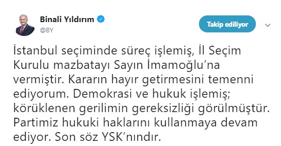 Binali Yıldırım'dan Son Dakika İstanbul Seçim Sonuçları ve YSK Açıklaması