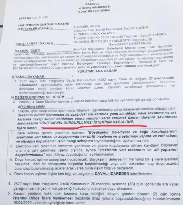 İstanbul Büyükşehir Belediyesi Veri Kopyalama Talimatı İçin Mahkeme Durdurma Kararı Açıkladı