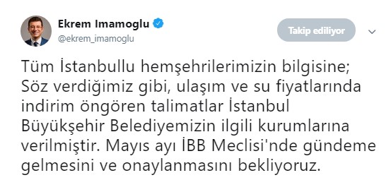 İBB Başkanı İmamoğlu  Toplu Taşıma Ücretleri ve Su Faturalarına İndirim Açıklaması