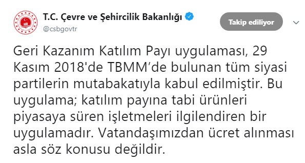 Çevre ve Şehircilik Bakanlığı Geri Kazanım Katılım Payı Açıklaması Yaptı