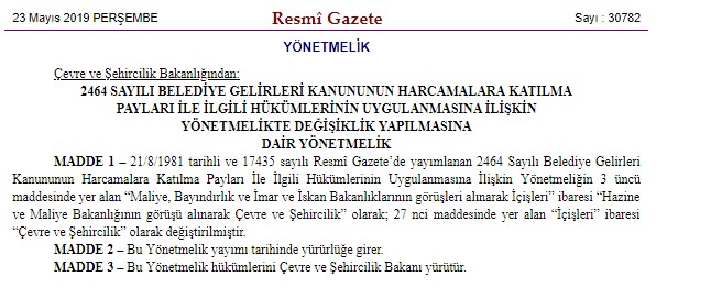 2464 Sayılı Belediye Gelirleri Kanununun Harcamalara Katılma Payı Yönetmeliği Değişti