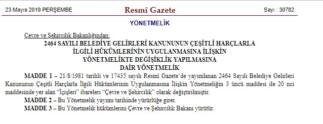 2464 Sayılı Belediye Gelirleri Kanununun Çeşitli Harçlarla İlgili Hükümlerinin Uygulanmasına İlişkin Yönetmelik Değişti