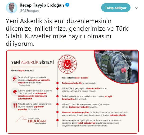 Cumhurbaşkanı Erdoğan'dan Yeni Askerlik Sistemi Reformu Müjdesi Geldi