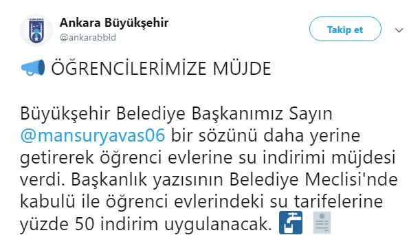 Mansur Yavaş Açıkladı "Ankara'da Öğrenci Evleri İçin Su Faturaları İçin Yüzde 50 İndirim Müjdesi Geldi"