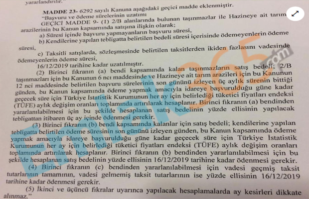 Tapu Kanunu ve Bazı Kanunlarda Değişiklik Yapılmasına Dair Kanun İle 2B Arazi Son Başvuru Tarihi Uzatıldı