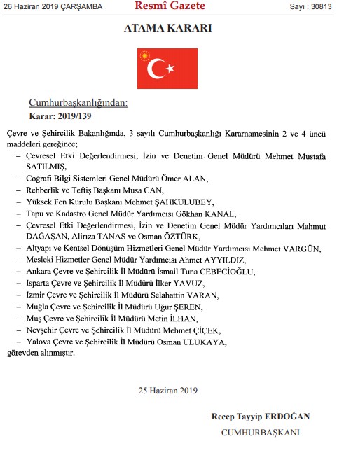 ÇŞB 7 Çevre ve Şehircilik İl Müdürü İle TKGM Müdür Yardımcısı Görevden Alma Kararı