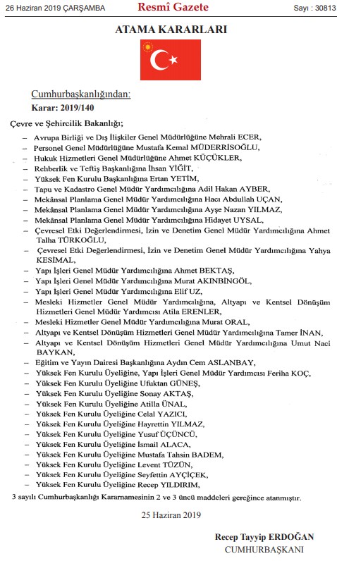 26 Haziran Tarihli Resmi Gazete İle Yayımlanan Çevre ve Şehircilik Bakanlığı Atama Kararları / Kararnameleri