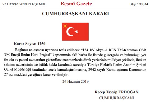 Bingöl, Ağrı, Antalya, Gaziantep, Kırıkkale, Bilecik ve Karaman Acele Kamulaştırma Kararı Resmi Gazete İlanları