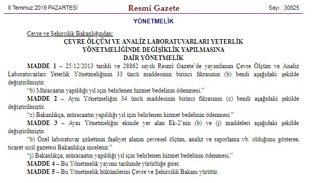 Çevre Ölçüm ve Analiz Laboratuvarları Yeterlik Yönetmeliğinde Değişiklik Yapılmasına Dair Yönetmelik Yayımlandı!