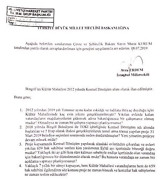 Arzu Erdem, Bingöl Kültür Mahallesi Kentsel Dönüşüm Projesi Hakkında Meclise Soru Önergesi Verdi!