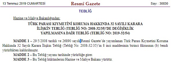 Türk Parası Kıymetini Koruma Hakkında 32 Sayılı Karara İlişkin Tebliğ Değiştirildi!