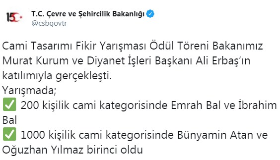 Çevre ve Şehircilik Bakanlığı Cami Tasarım Fikir Yarışması Sonuçlandı!