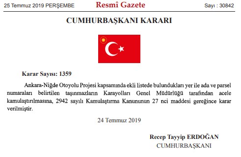 Ankara-Niğde Otoyolu Projesi İçin Acele Kamulaştırma Kararı Resmi Gazete'de Yayımlandı!