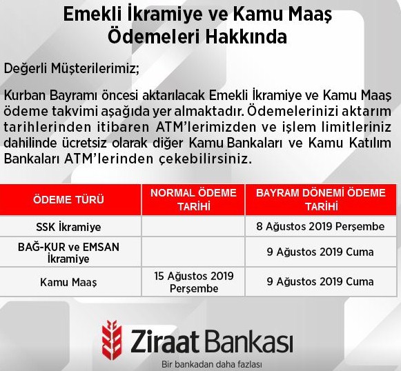 Ziraat Bankası Kurban Bayramı Emekli İkramiye ve Kamu Maaş Ödeme Tarihleri Açıklandı!