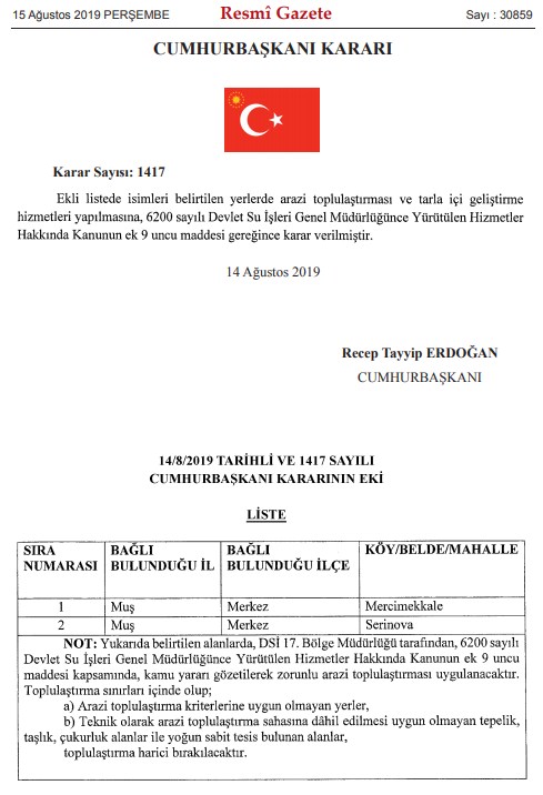 Muş İçin Arazi Toplulaştırması ve Tarla İçi Geliştirme Hizmetleri Yapılması Hakkında Karar Yayımlandı!