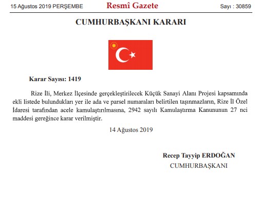 Rize Küçük Sanayi Alanı Projesi Acele Kamulaştırma Kararı Yayımlandı!