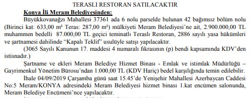 Konya Meram Belediyesi Teraslı Restoran Satışı İçin İhale İlanı Yayımladı!