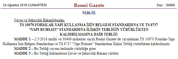 Yapı Ruhsatı Standartlarına İlişkin Tebliğ ve TS 8737 Formu Yürürlükten Kaldırıldı!