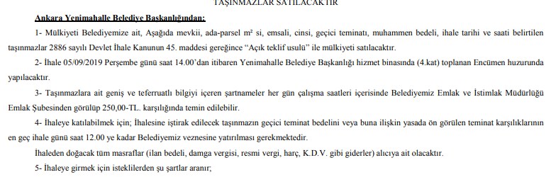 Ankara Yenimahalle Belediyesi İhale ile Konut Satışları İçin İhale İlanı Yayımladı!