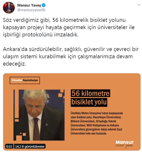 Mansur Yavaş: 56 KM Bisiklet Yolu Seçim Vaadi Sözümüzü Tutuyoruz!