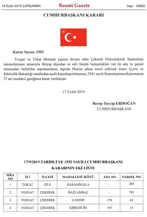 Yozgat ve Tokat İllerinde Çekerek HES Projesi İçin Acele Kamulaştırma Kararı Yayımlandı!