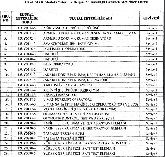 Mesleki Yeterlilik Belgesi Zorunluluğu Getirilen Mesleklere İlişkin Tebliğ Yayımlandı!