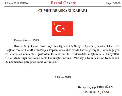 Rize Güney Çevre Yolu Projesi İçin Karayolları Genel Müdürlüğü Acele Kamulaştırma Kararı Çıkardı!