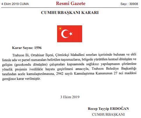 Trabzon Of Millet Bahçesi ve Ortahisar Çömlekçi Mahallesi Kentsel Dönüşüm Projesi İçin Acele Kamulaştırma Kararı Yayımlandı!