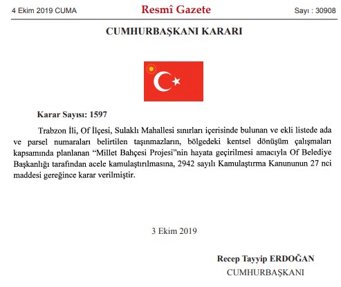 Trabzon Of Millet Bahçesi ve Ortahisar Çömlekçi Mahallesi Kentsel Dönüşüm Projesi İçin Acele Kamulaştırma Kararı Yayımlandı!